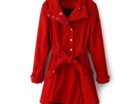 Vintage Metal Buttons Flouncing Long Sleeves Women s Coat With A Belt RED For Cheap