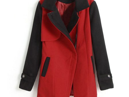 Women s Long Coat Color Block Worsted Long Sleeves Tailored Collar RED For Cheap