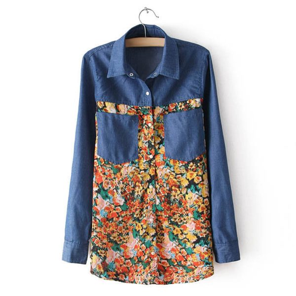 Floral Pattern Turn-Down Collar Long Sleeve Jeans Shirt Supply