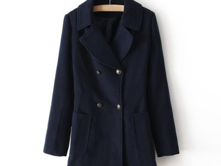 Vintage Notched Collar Double-Breasted Pockets Design Long Sleeves Women s Coat NAVY on Sale