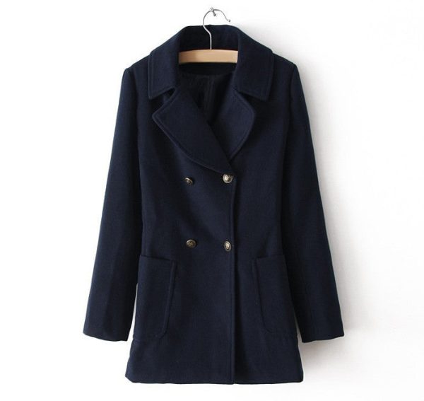 Vintage Notched Collar Double-Breasted Pockets Design Long Sleeves Women s Coat NAVY on Sale