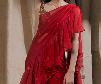 Astha Narang Red Ruffle Drape Saree For Sale