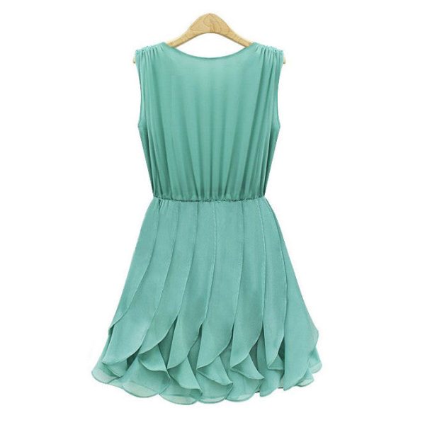 Pleated Solid Color Scoop Neck Sleeveless Refreshing Style Chiffon Women s Dress GREEN Online