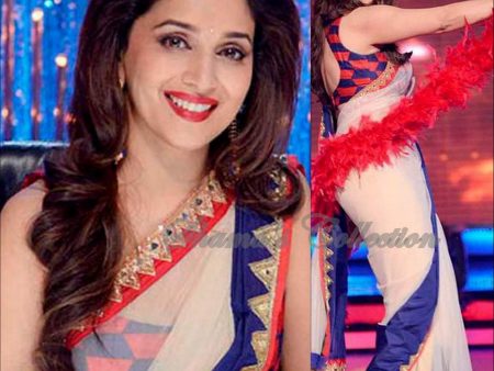 3125 Madhuri Dixit s Off white-red-blue saree outfit set For Cheap