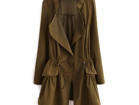 Elegant Solid Color Beam Waist Ruffle Women s Coat ARMY GREEN For Cheap