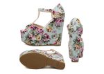 Party Floral Print and T-Strap Design Women s Wedge Heel Sandals BLUE Online now