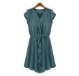 Petal Sleeves V-Neck Buttons Epaulets Strappy Beam Waist Pleated Flounces Slimming Casual Women s Dress NAVY Fashion