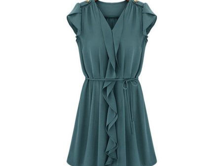 Petal Sleeves V-Neck Buttons Epaulets Strappy Beam Waist Pleated Flounces Slimming Casual Women s Dress NAVY Fashion