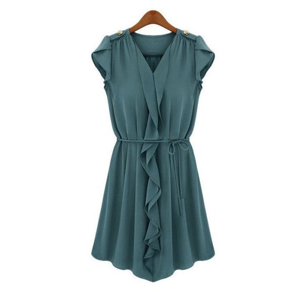 Petal Sleeves V-Neck Buttons Epaulets Strappy Beam Waist Pleated Flounces Slimming Casual Women s Dress NAVY Fashion