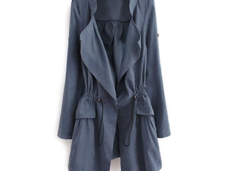 Elegant Solid Color Beam Waist Ruffle Women s Coat BLUE Cheap