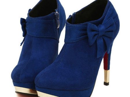 Fashion Side Bowknot and Sexy Heel Design Women s Ankle Boots BLUE Cheap