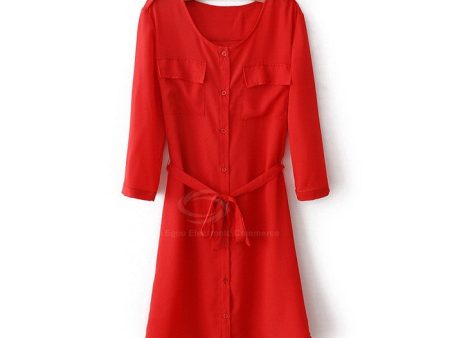 3 4 Sleeves Dress Bow Belt Chiffon Shirt Style RED For Cheap