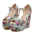 Party Floral Print and T-Strap Design Women s Wedge Heel Sandals BLUE Online now