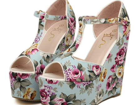 Party Floral Print and T-Strap Design Women s Wedge Heel Sandals BLUE Online now