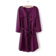 3 4 Sleeves Dress Bow Belt Chiffon Shirt Style PURPLE Discount