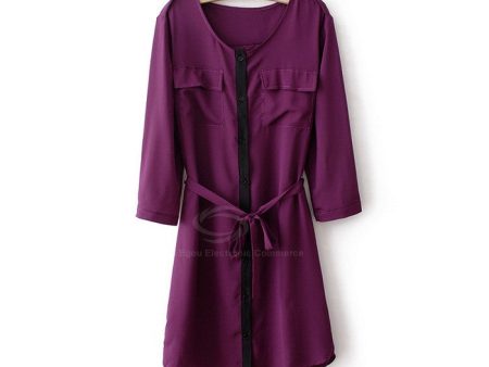 3 4 Sleeves Dress Bow Belt Chiffon Shirt Style PURPLE Discount