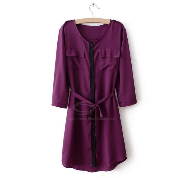 3 4 Sleeves Dress Bow Belt Chiffon Shirt Style PURPLE Discount