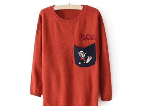 Popeye Letter Embroidery Long Sleeves Round Neck Acrylic Casual Style Women s Sweater RED on Sale