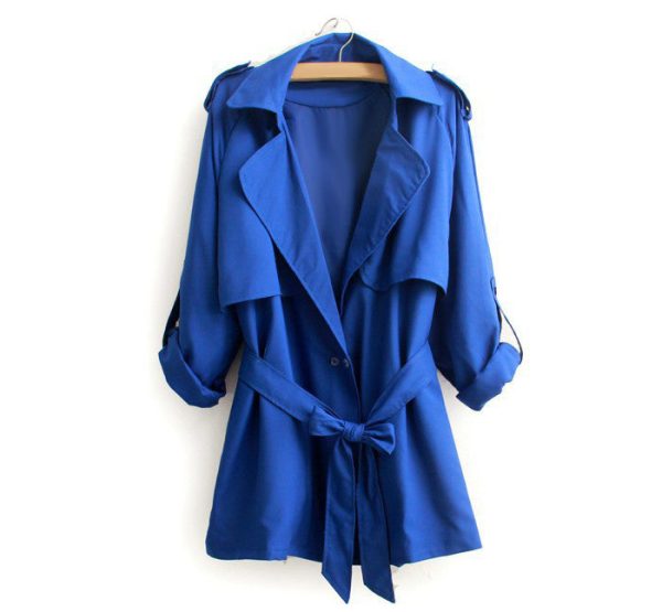 Casual Style Turn-Down Collar Solid Color Tie-Up Long Sleeve Coat For Women BLUE Cheap