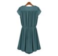 Petal Sleeves V-Neck Buttons Epaulets Strappy Beam Waist Pleated Flounces Slimming Casual Women s Dress NAVY Fashion