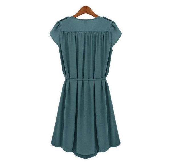 Petal Sleeves V-Neck Buttons Epaulets Strappy Beam Waist Pleated Flounces Slimming Casual Women s Dress NAVY Fashion