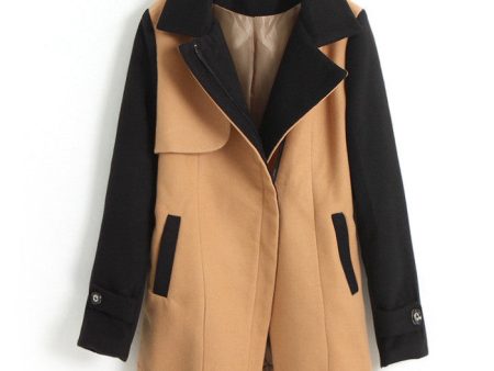 Women s Long Coat Color Block Worsted Long Sleeves Tailored Collar KHAKI Fashion