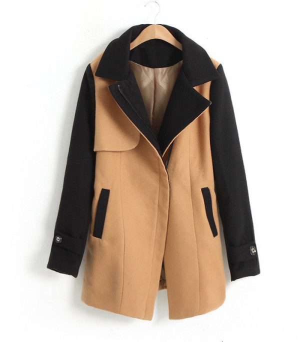 Women s Long Coat Color Block Worsted Long Sleeves Tailored Collar KHAKI Fashion