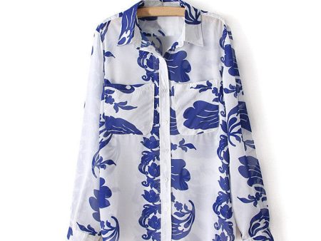 Plus Size Blue And White Porcelain Print Long Sleeves Women s Chiffon Shirt Online