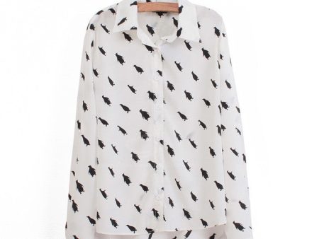 Long Sleeves Penguin Casual Shirt Blouse BLACK Fashion