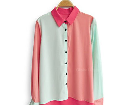 Casual Style Polo Collar Contrast Color Splicing Long Sleeve Shirt For Women Fashion