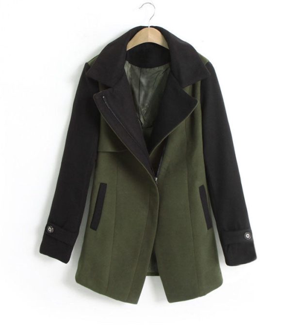 Women s Long Coat Color Block Worsted Long Sleeves Tailored Collar ARMY GREEN For Sale