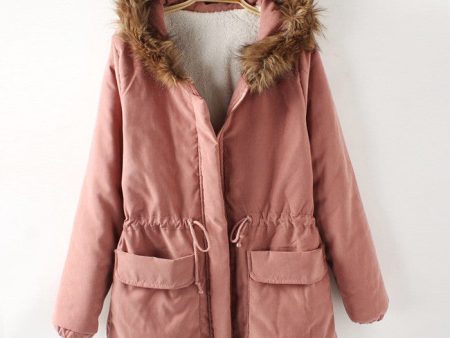 Fashionable Style Long Sleeves Hooded Pockets Drawstring Cotton Women s Coat PINK on Sale