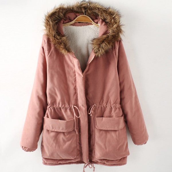 Fashionable Style Long Sleeves Hooded Pockets Drawstring Cotton Women s Coat PINK on Sale