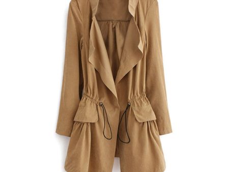 Elegant Solid Color Beam Waist Ruffle Women s Coat KHAKI Fashion