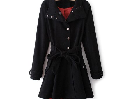 Vintage Metal Buttons Flouncing Long Sleeves Women s Coat With A Belt BLACK For Cheap