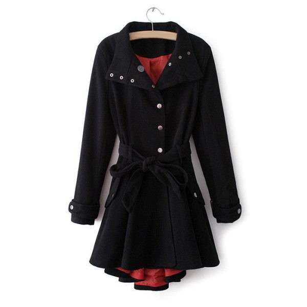 Vintage Metal Buttons Flouncing Long Sleeves Women s Coat With A Belt BLACK For Cheap