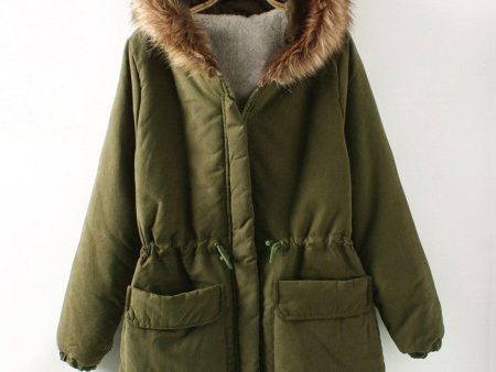 Fashionable Style Long Sleeves Hooded Pockets Drawstring Cotton Women s Coat ARMY GREEN Discount