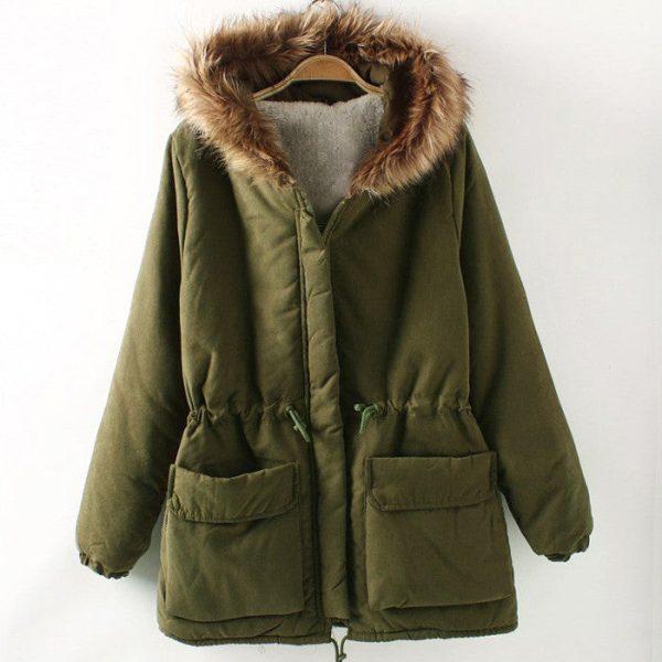 Fashionable Style Long Sleeves Hooded Pockets Drawstring Cotton Women s Coat ARMY GREEN Discount