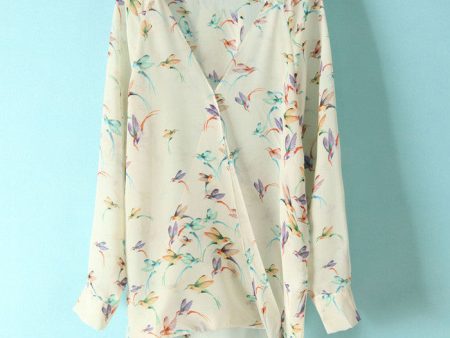 Women s Blouse Shirt Long Sleeves Chiffon Bird Print Hot on Sale