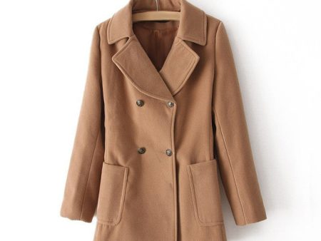 Vintage Notched Collar Double-Breasted Pockets Design Long Sleeves Women s Coat KHAKI Cheap