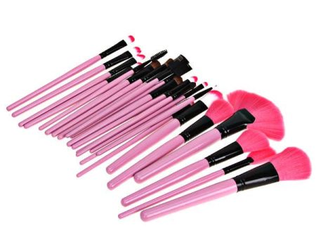 24PCS Professional Cosmetic Tool Nylon Hair Brushes with Leather Bag - Pink For Discount