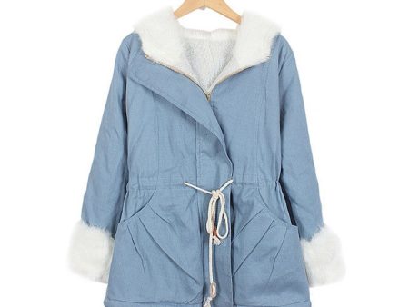 Fashionable Style Hooded Color Block Drawstring Long Sleeves Women s Coat SKY BLUE Discount