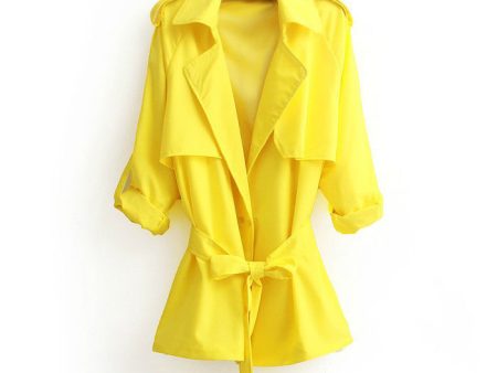 Casual Style Turn-Down Collar Solid Color Tie-Up Long Sleeve Coat For Women YELLOW Supply