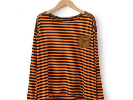 Casual Style Scoop Neck Stripe Pocket Splicing Asymmetrical Long Sleeve Cotton T-Shirt For Women BROWN Online Sale