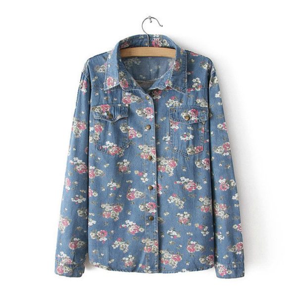 Long Sleeves Tiny Flowers Pattern Pockets Single-breasted Casual Women s Shirt DEEP BLUE Supply