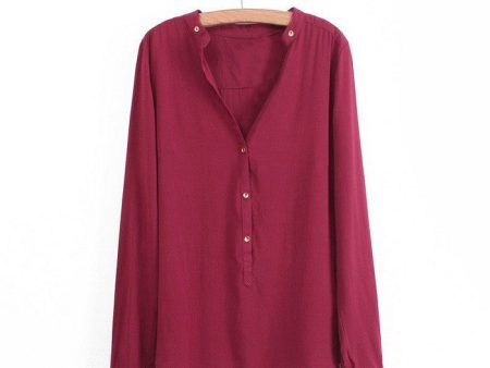 Long Sleeves Casual Shirt Blouse WINE RED on Sale