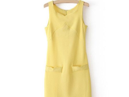 Elegant Sweatheart Neckline Faux Pockets Embellished Sleeveless Solid Color Chiffon Dress For Women YELLOW on Sale