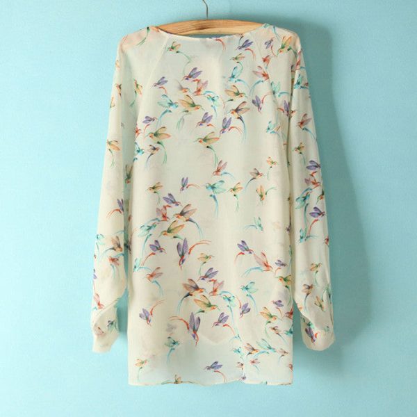 Women s Blouse Shirt Long Sleeves Chiffon Bird Print Hot on Sale