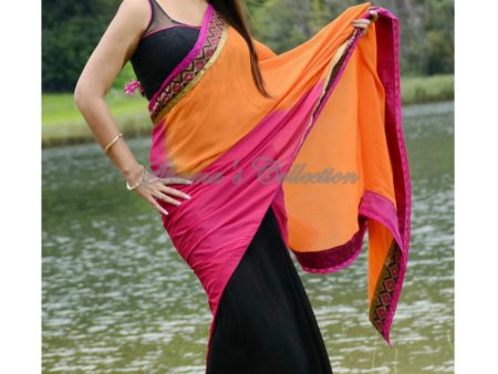 3077 Black-orange-pink saree outfit set Online Sale