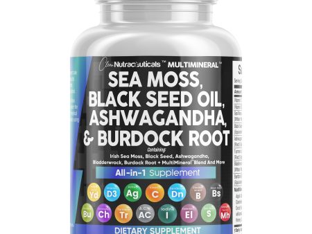 Sea Moss 3000mg Black Seed Oil 2000mg Ashwagandha 1000mg Turmeric 1000mg Bladderwrack 1000mg Burdock 1000mg & Vitamin C & D3 with Elderberry Manuka Dandelion Yellow Dock Iodine Chlorophyll ACV Sale